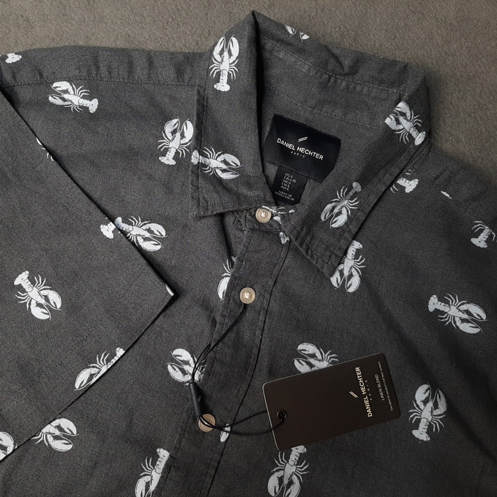 NEW Daniel Hechter Shirt Mens Large Gray Blue LINEN BLEND Lobster Print Paris